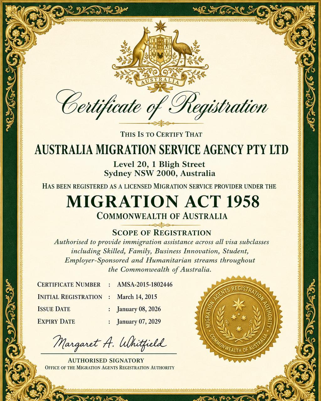 Certificate of Registration — sample